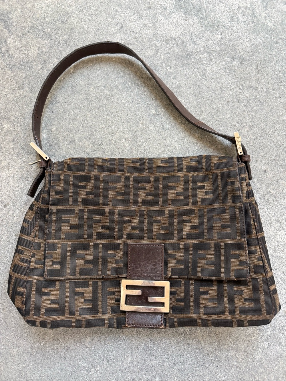 Fendi Brown Zucca FF Canvas Shoulder Bag with Gold-Tone Buckle